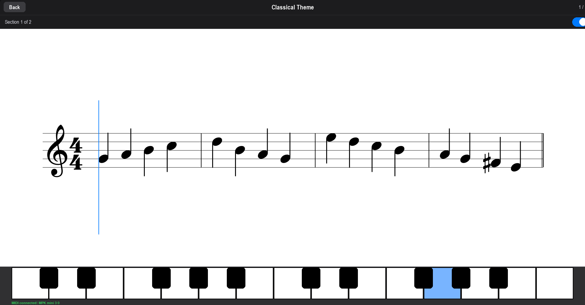 Pianove — active lesson with sheet music and keyboard