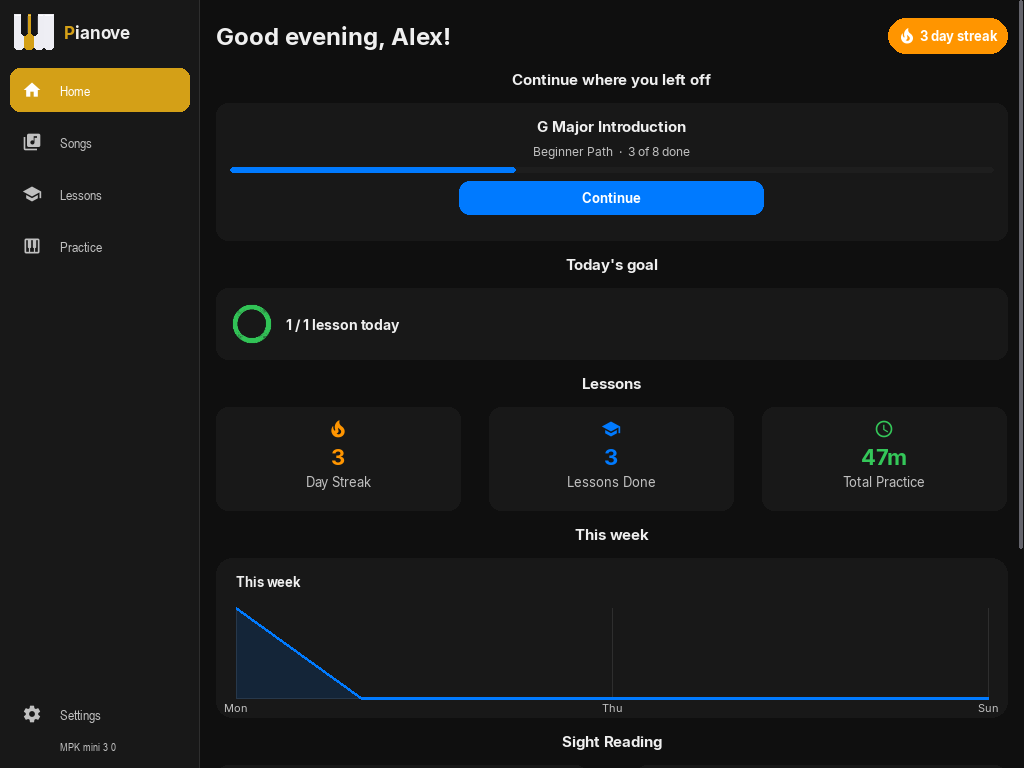 Pianove — home dashboard