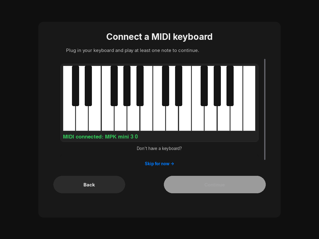 Pianove — MIDI keyboard setup