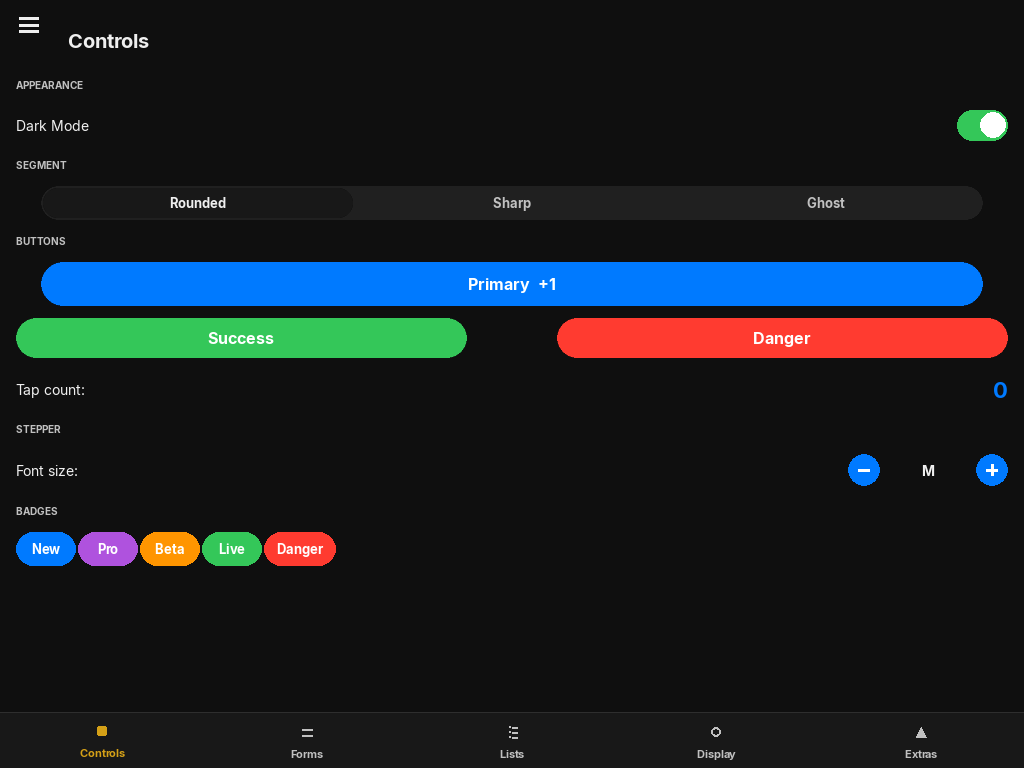 PyLay Controls tab — buttons, segmented control, badges, stepper