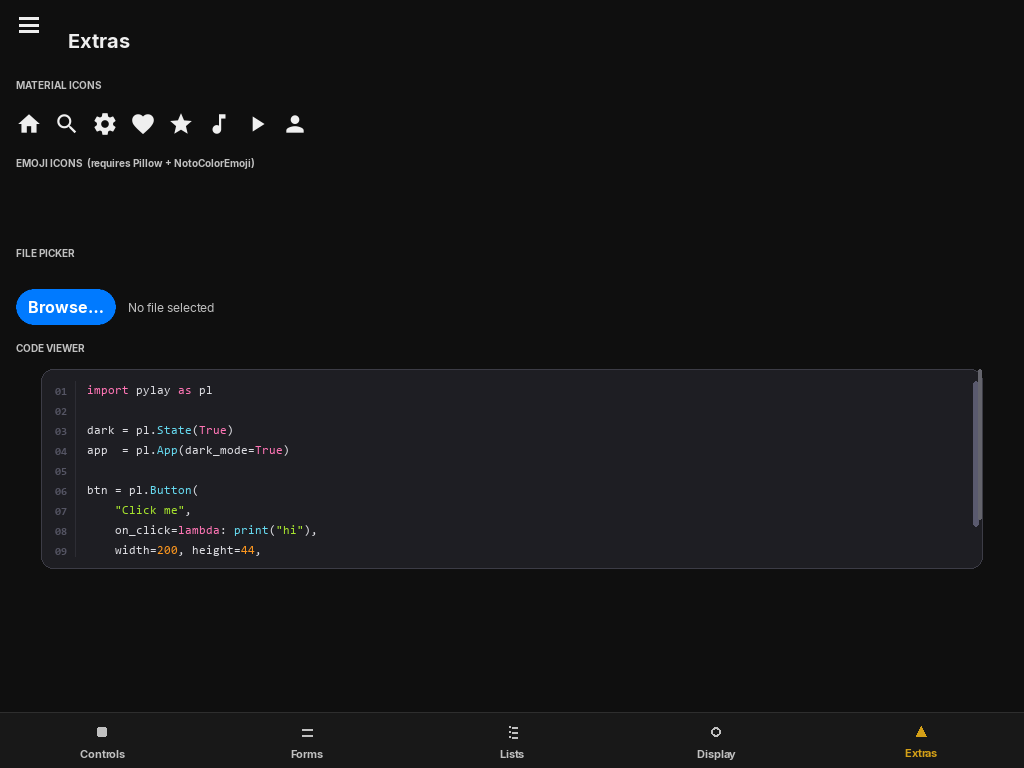 PyLay Extras tab — material icons, emoji icons, file picker, code viewer