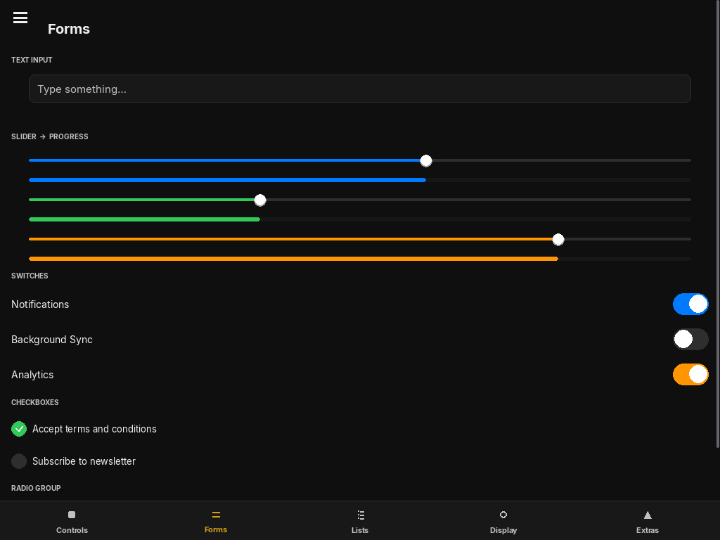 PyLay Forms tab — sliders, switches, checkboxes, radio buttons