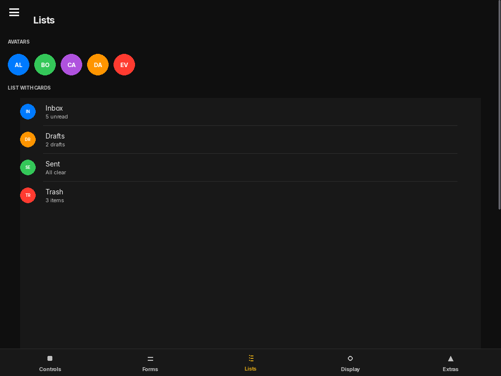 PyLay Lists tab — avatars, list items with dividers, slide reveal, empty state