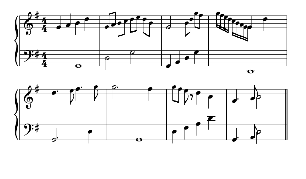 PyLute rendering a grand staff with treble and bass clef — G major, 8 bars